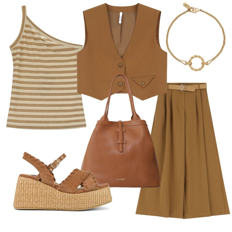 Outfit donna - Comoda e trendy. Stile Casual chic per Ufficio. Abbinamento con pantaloni a palazzo, top, gilet, borse tote, braccialetti, zeppe.