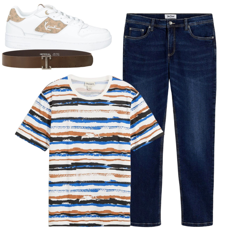 Outfit uomo - City. Stile Casual per Tutti i giorni. Abbinamento con jeans dritti, t-shirt, sneakers, cinture.