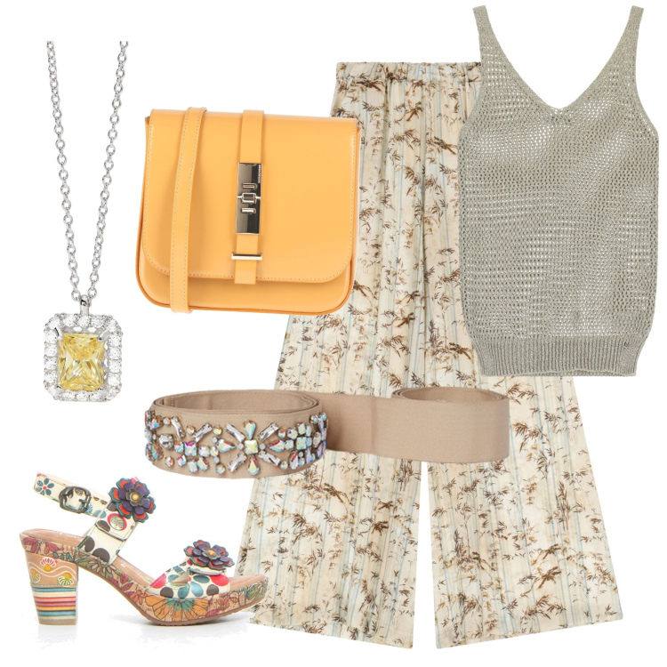 Outfit donna - Total look #2174537. Stile Casual per Tutti i giorni. Abbinamento con borse a tracolla, collane, canottiere, pantaloni, cinture, sandali col tacco.