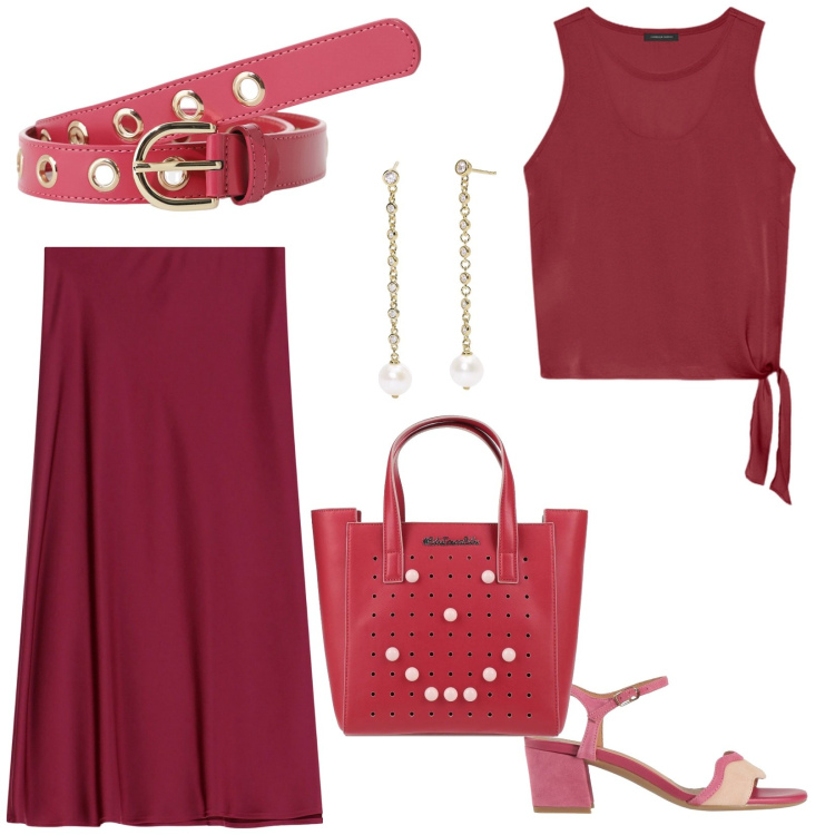 Outfit donna - Tutto un colore. per Ufficio. Abbinamento con sandali in pelle, borse a mano, orecchini, gonne longuette, cinture, top.