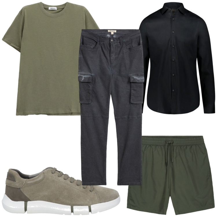 Outfit uomo - Total look #2174552. Stile Trendy per Mare. Abbinamento con pantaloni cargo, sneakers, t-shirt, camicie, costumi.