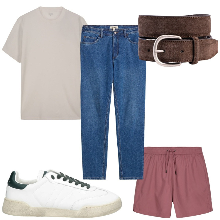 Outfit uomo - Total look #2174554. Stile Trendy per Mare. Abbinamento con jeans dritti, sneakers, costumi, cinture, t-shirt.