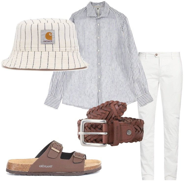 Outfit uomo - Stile coastal con twist. Stile Trendy per Mare. Abbinamento con pantaloni chino, camicie, cinture, cappelli, sandali.