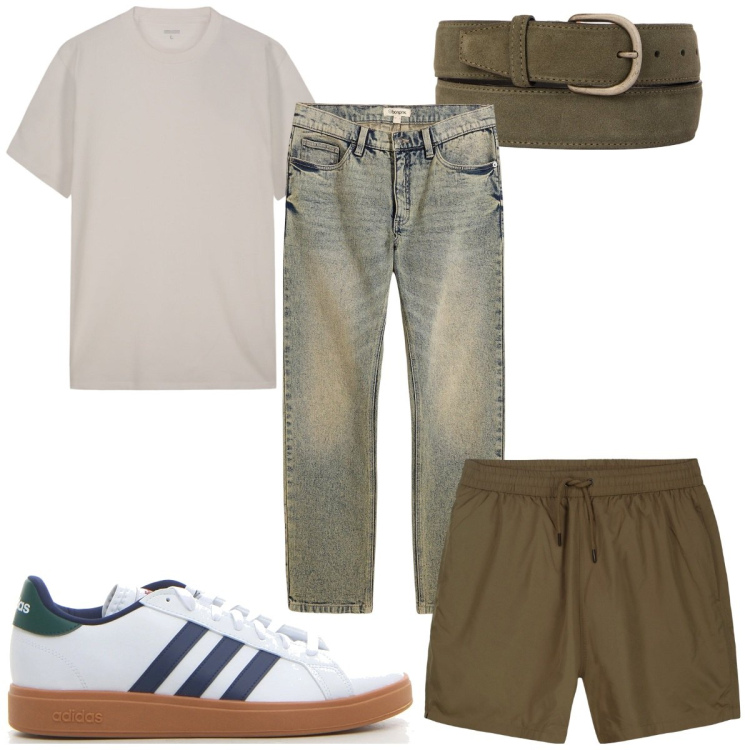 Outfit uomo - Total look #2174556. Stile Trendy per Mare. Abbinamento con jeans dritti, costumi, sneakers, cinture, t-shirt.