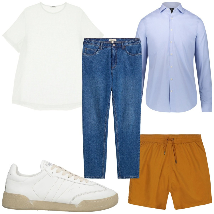 Outfit uomo - Total look #2174558. Stile Trendy per Tutti i giorni. Abbinamento con jeans dritti, sneakers, t-shirt, camicie, costumi.