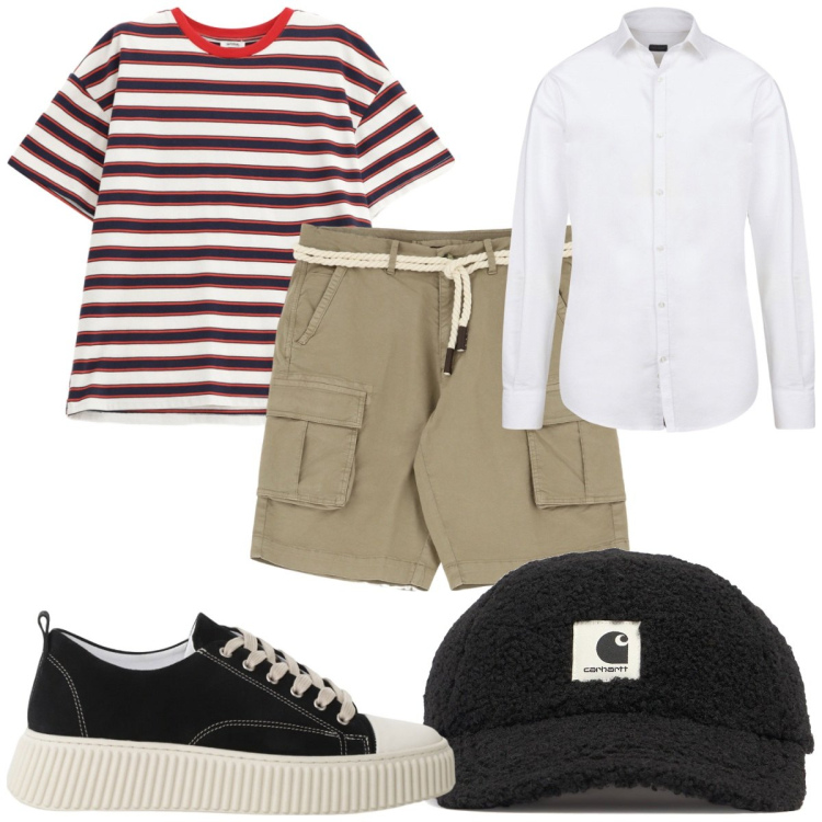 Outfit uomo - Total look #2174559. Stile Trendy per Tutti i giorni. Abbinamento con sneakers, bermuda, t-shirt, cappelli, camicie.