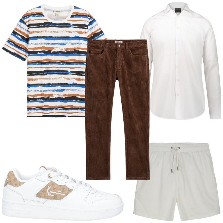Outfit uomo - Total look #2174561. Stile Trendy per Mare. Abbinamento con t-shirt, pantaloni, sneakers, camicie, costumi.