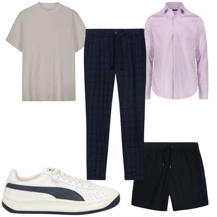 Outfit uomo - Total look #2174564. Stile Trendy per Mare. Abbinamento con sneakers, pantaloni, t-shirt, camicie, costumi.
