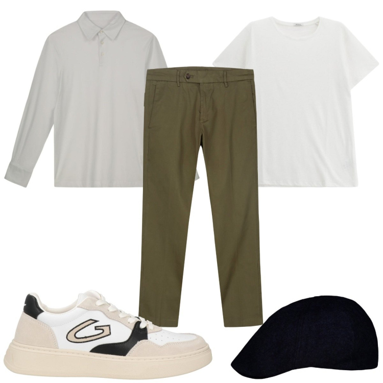 Outfit uomo - Total look #2174567. Stile Trendy per Tutti i giorni. Abbinamento con sneakers, t-shirt, pantaloni chino, cappelli e berretti, polo.