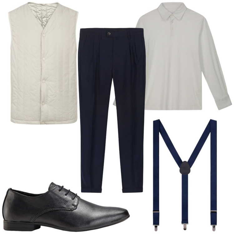 Outfit uomo - Total look #2174568. Stile Casual per Ufficio. Abbinamento con scarpe stringate, piumini, bretelle, pantaloni, polo.