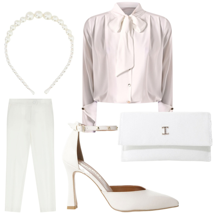 Outfit donna - Totale white. Stile Chic per Serata fuori. Abbinamento con bluse, décolleté, borse a tracolla, pantaloni, cerchietti.