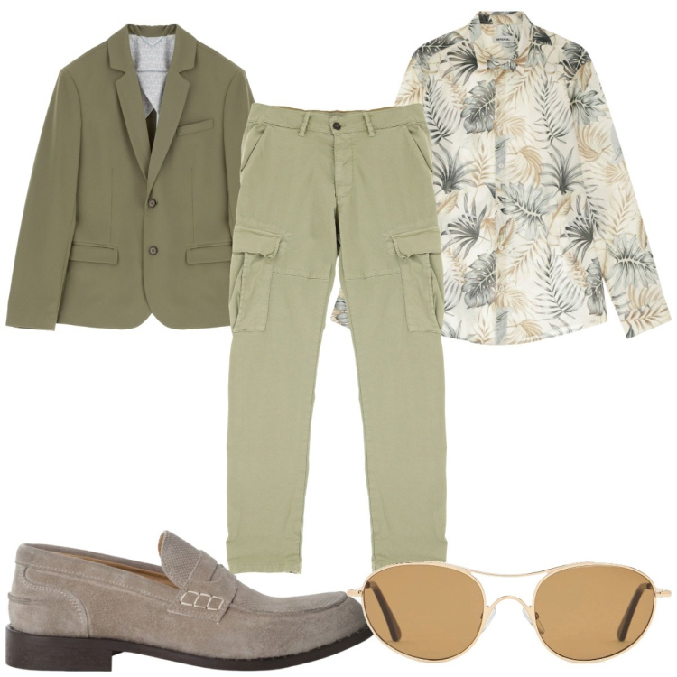 Outfit uomo - Total look #2174573. Stile Trendy per Tutti i giorni. Abbinamento con giacche, camicie, scarpe stringate, pantaloni cargo, occhiali da sole.