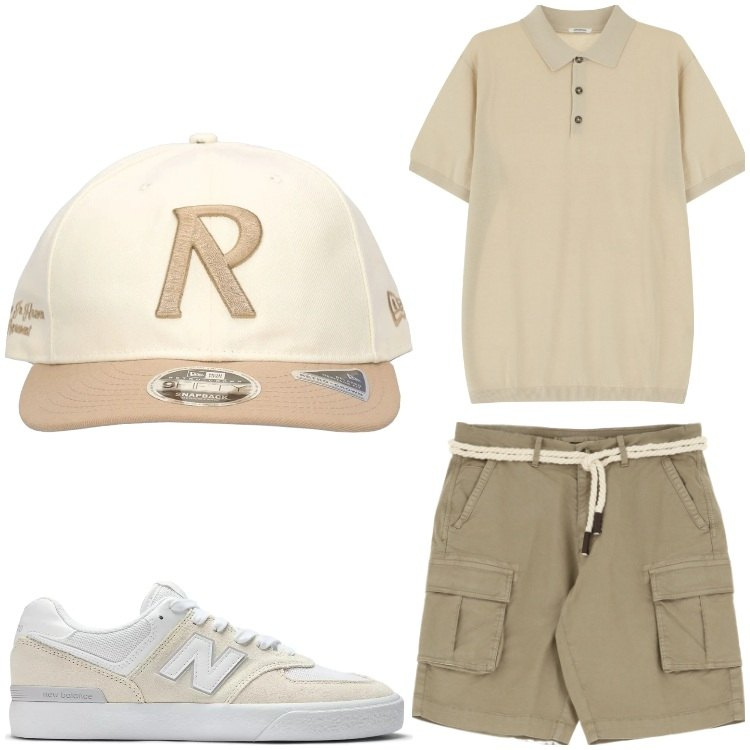 Outfit uomo - Beige. Stile Casual per Tutti i giorni. Abbinamento con sneakers, polo, bermuda, cappelli.