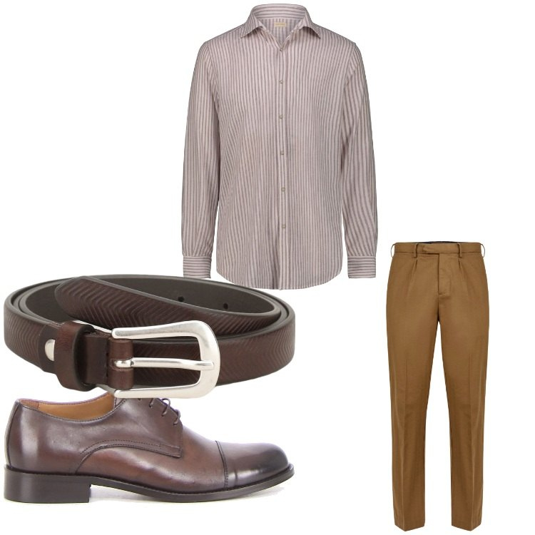 Outfit uomo - Marrone in ufficio. Stile Business/Elegante per Ufficio. Abbinamento con cinture, pantaloni, camicie, scarpe stringate.