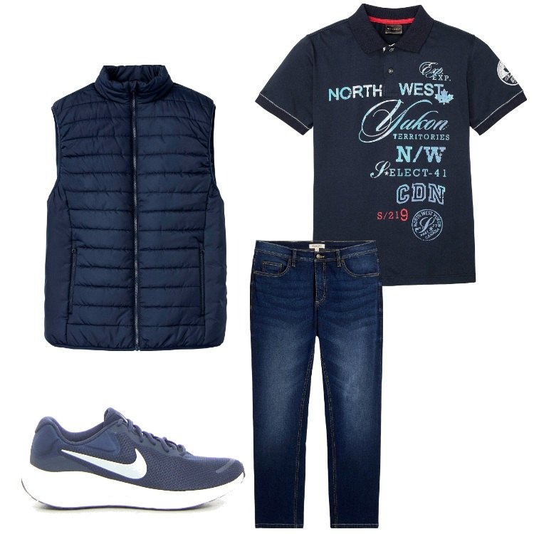 Outfit uomo - Jeans e polo. Stile Casual per Tutti i giorni. Abbinamento con jeans dritti, gilet, polo, sneakers.