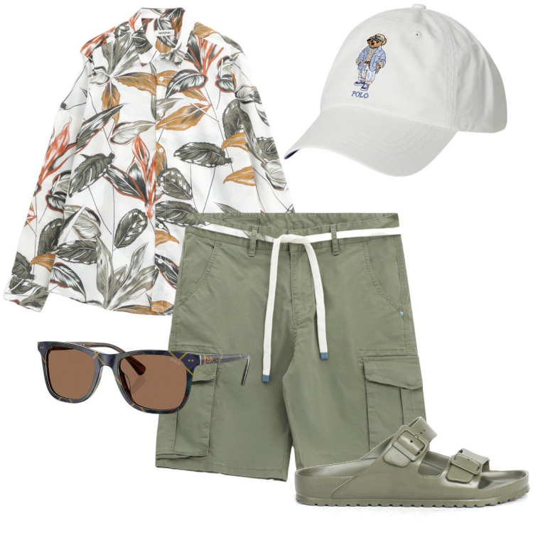 Outfit uomo - Foglie sulla camicia. Stile Urban per Tutti i giorni. Abbinamento con camicie, bermuda, occhiali da sole, cappelli, sandali.