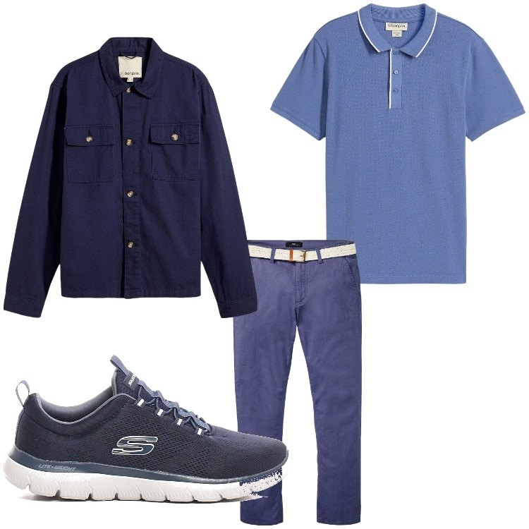 Outfit uomo - Blu. Stile Casual per Tutti i giorni. Abbinamento con pantaloni chino, giacche, polo, sneakers.