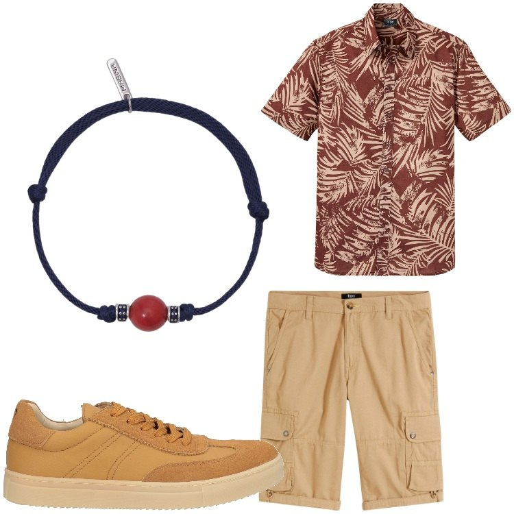 Outfit uomo - Estate. Stile Casual per Tutti i giorni. Abbinamento con camicie a manica corta, bermuda, sneakers, braccialetti.