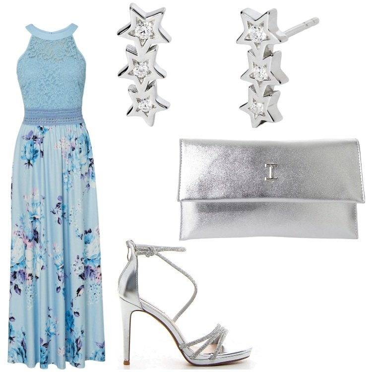 Outfit donna - Fiori e stelle. Stile Chic per Cerimonia. Abbinamento con vestiti lunghi, orecchini, pochette, sandali col tacco.