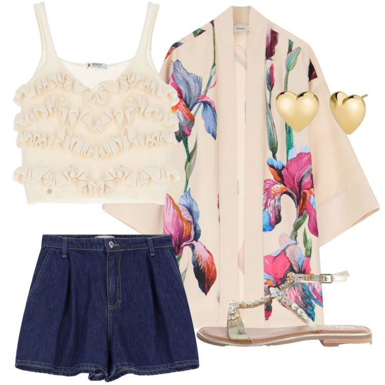 Outfit donna - Cinema all aperto. Stile Urban per Tutti i giorni. Abbinamento con orecchini, shorts, top, cappotti, sandali.