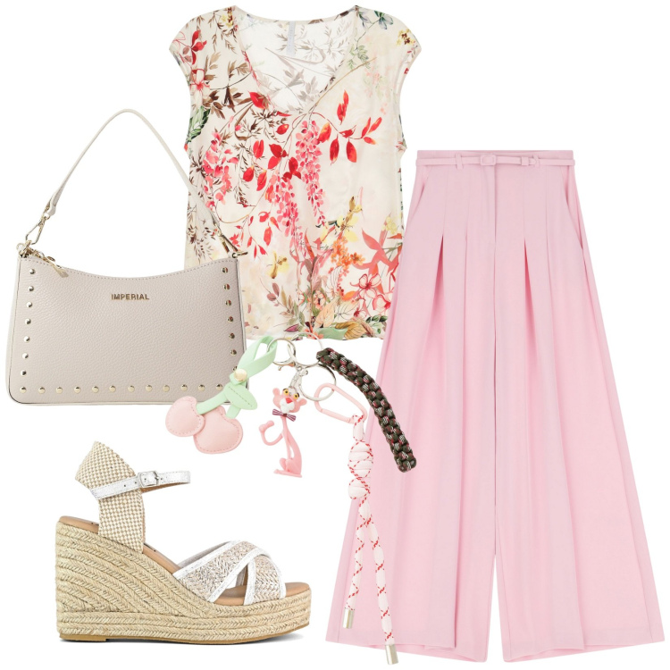 Outfit donna - Fiori rosa. Stile Romantica per Ufficio. Abbinamento con pantaloni, top, borse a spalla, portachiavi, zeppe.