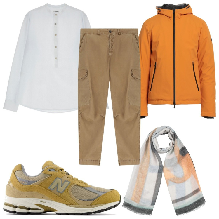 Outfit uomo - Total look #2174605. Stile Trendy per Tutti i giorni. Abbinamento con sciarpe, giacche, sneakers, pantaloni cargo, camicie.