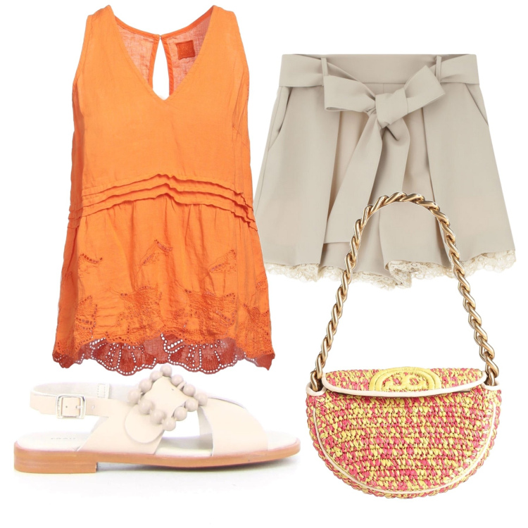 Outfit donna - Total look #2174608. Stile Etnico per Tutti i giorni. Abbinamento con top, borse a mano, shorts, sandali.