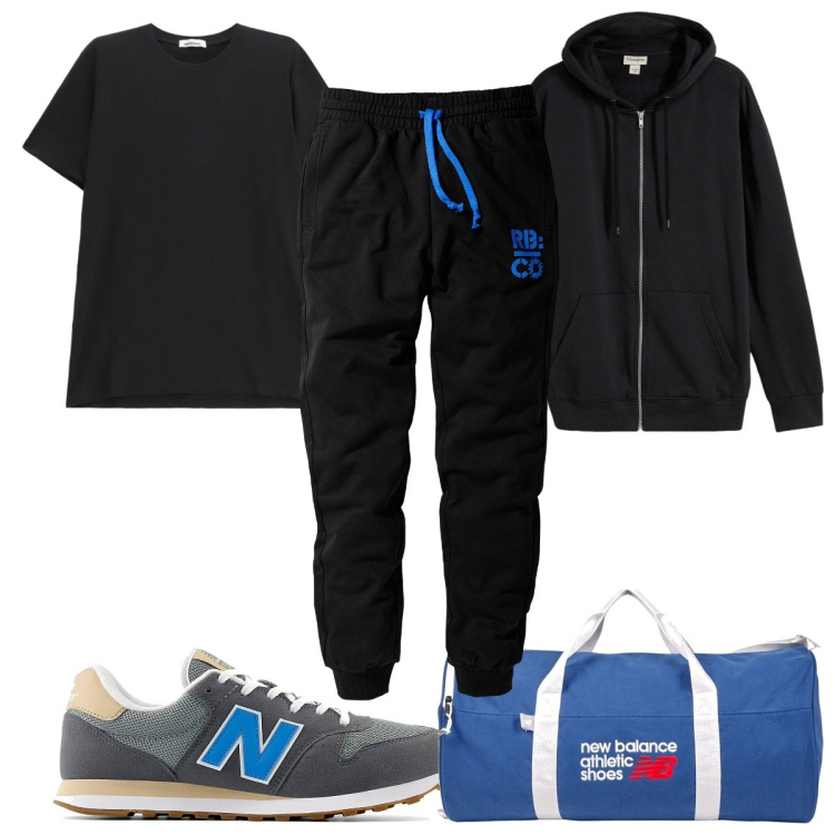 Outfit uomo - Total look #2174610. Stile Trendy per Sport. Abbinamento con pantaloni, felpe con cappuccio, borse sportive, t-shirt, sneakers.