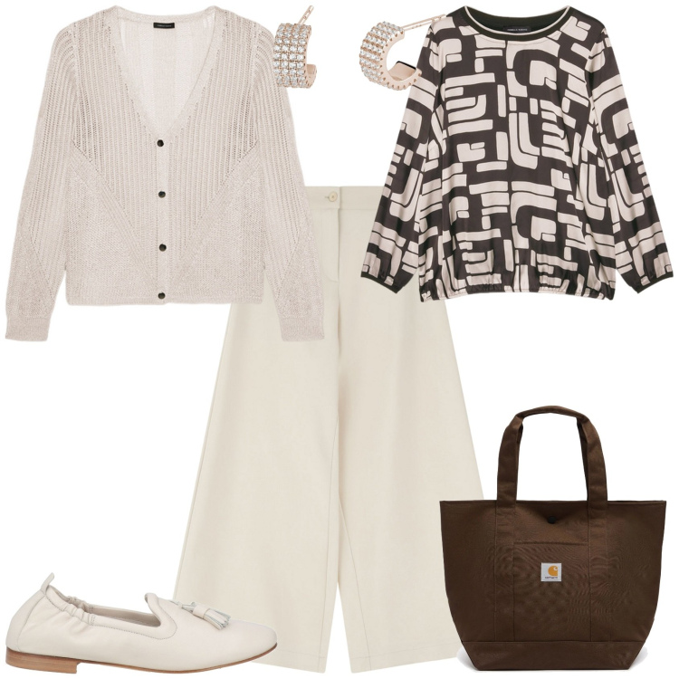 Outfit donna - Trendy in ufficio. Stile Trendy per Ufficio. Abbinamento con mocassini, orecchini, pantaloni a palazzo, t-shirt, cardigans, borse tote.