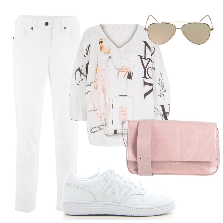 Outfit donna - Adoro il bianco. Stile Casual per Ufficio. Abbinamento con borse a tracolla, maglieria, pantaloni, occhiali da sole, sneakers.