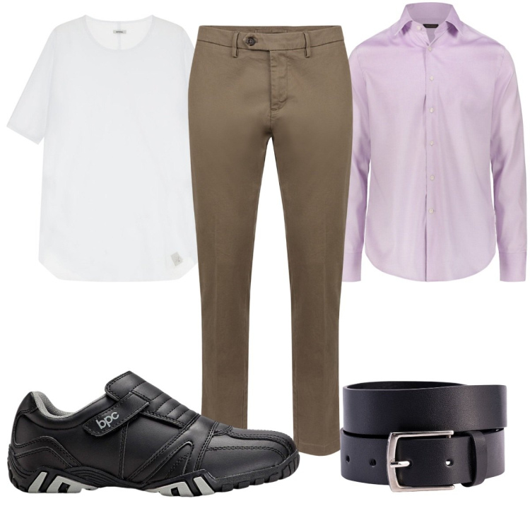 Outfit uomo - Total look #2174622. Stile Casual per Ufficio. Abbinamento con scarpe stringate, t-shirt, pantaloni chino, camicie, cinture.