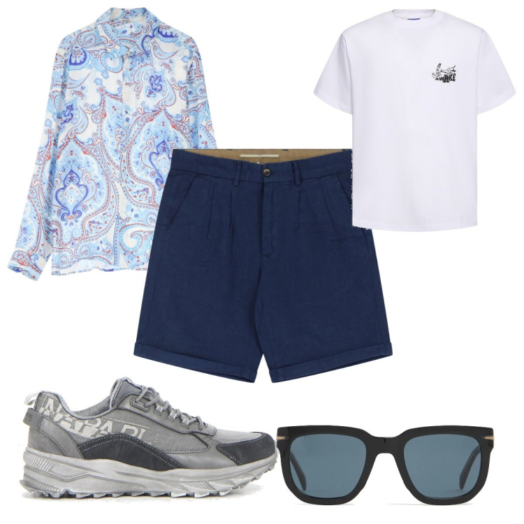 Outfit uomo - Total look #2174627. Stile Trendy per Tutti i giorni. Abbinamento con camicie, bermuda, t-shirt, occhiali da sole, sneakers.