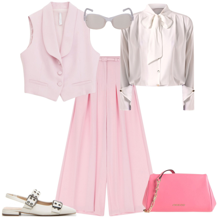 Outfit donna - Chic in ufficio. Stile Chic per Ufficio. Abbinamento con borse a tracolla, pantaloni, gilet, bluse, décolleté, occhiali da sole.