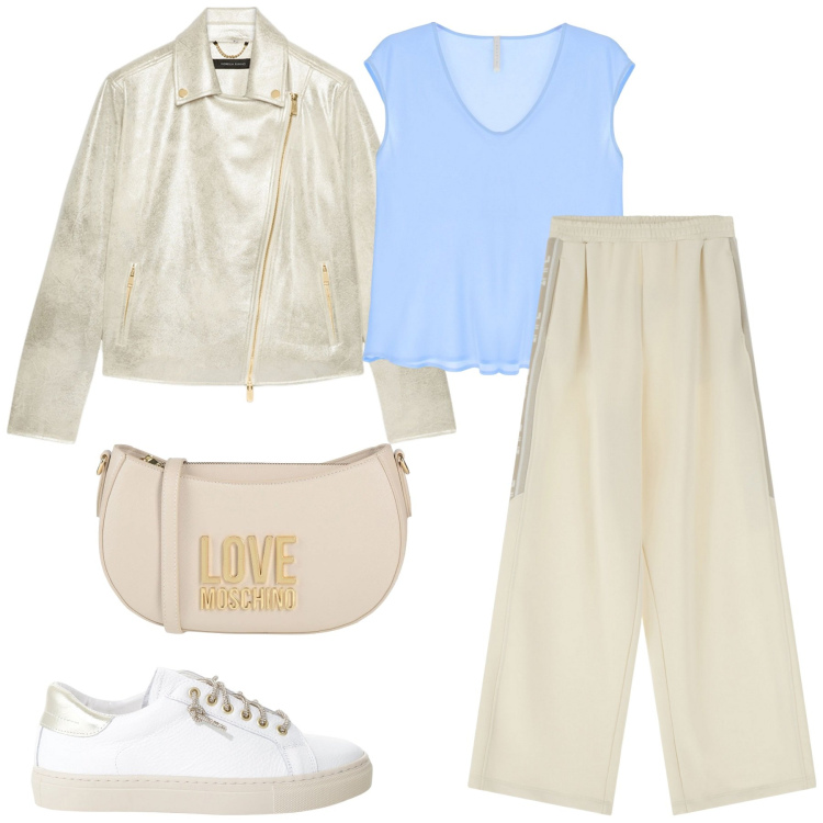 Outfit donna - Oro azzurro. Stile Casual per Tutti i giorni. Abbinamento con borse a tracolla, sneakers, pantaloni, top, blazer.