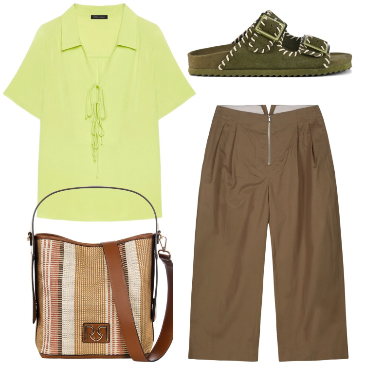 Outfit donna - Verde marrone. Stile Casual per Tutti i giorni. Abbinamento con borse a secchiello, pantaloni, bluse, sandali.