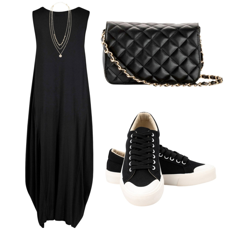 Outfit donna - A passeggio per le vie della città. Stile Sporty chic per Tutti i giorni. Abbinamento con vestiti lunghi, borse a tracolla, collane, sneakers.