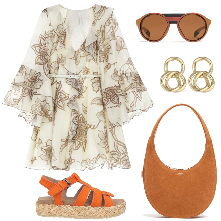 Outfit donna - Abitino in chiffon. Stile Casual per Tutti i giorni. Abbinamento con espadrillas, vestiti corti, orecchini, occhiali da sole, borse a spalla.
