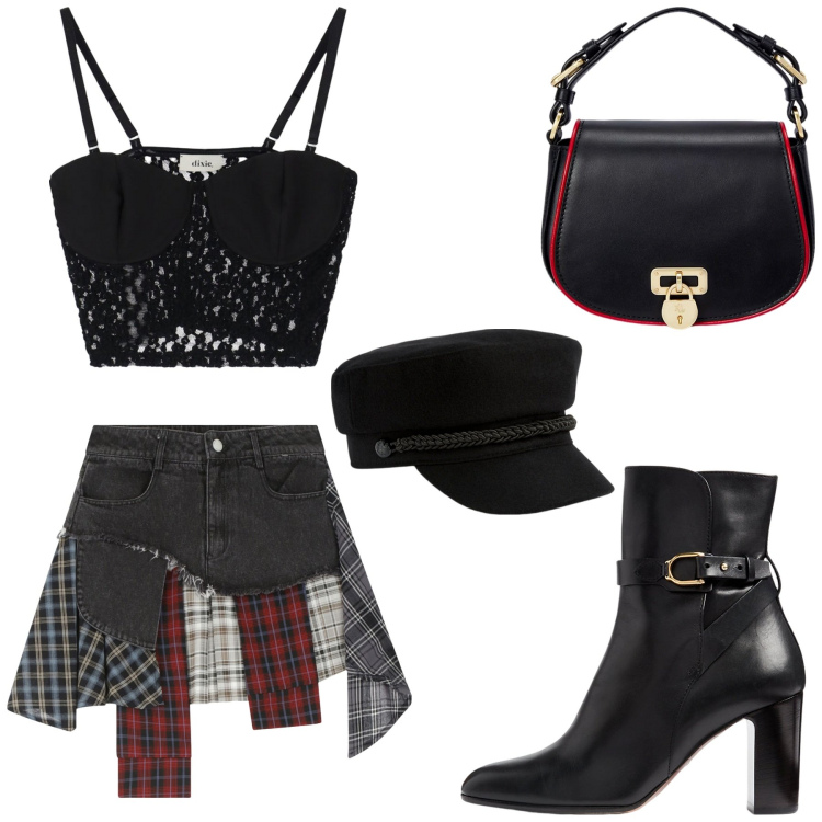 Outfit donna - Total look #2174634. Stile Rock per Serata fuori. look ideale per Petite. Abbinamento con top, minigonne, cappelli, stivaletti, borse a tracolla.