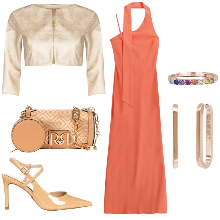 Outfit donna - Seta al tramonto. Stile Bon Ton per Serata fuori. Abbinamento con orecchini, anelli, bolero, décolleté, borse a tracolla, vestiti lunghi.