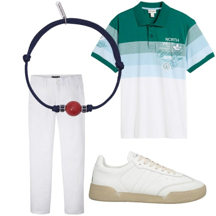 Outfit uomo - Bianco e verde. Stile Casual per Tutti i giorni. Abbinamento con pantaloni, polo, sneakers, braccialetti.