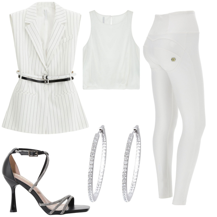 Outfit donna - Total look #2174638. Stile Casual chic per Ufficio. Abbinamento con orecchini, sandali col tacco, top, gilet, pantaloni skinny.