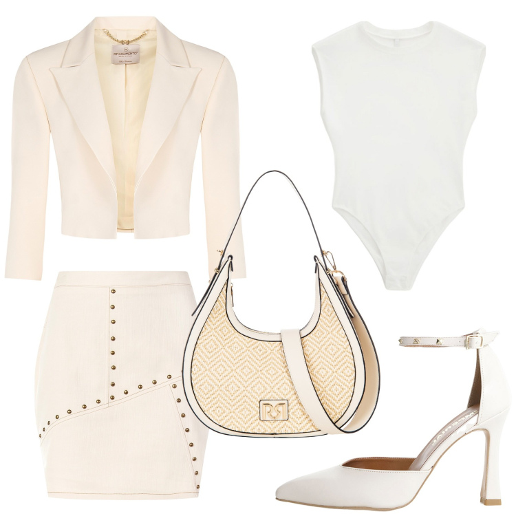 Outfit donna - Total look #2174639. Stile Chic per Ufficio. look ideale per Petite. Abbinamento con décolleté, top, minigonne, borse a mano, bolero.