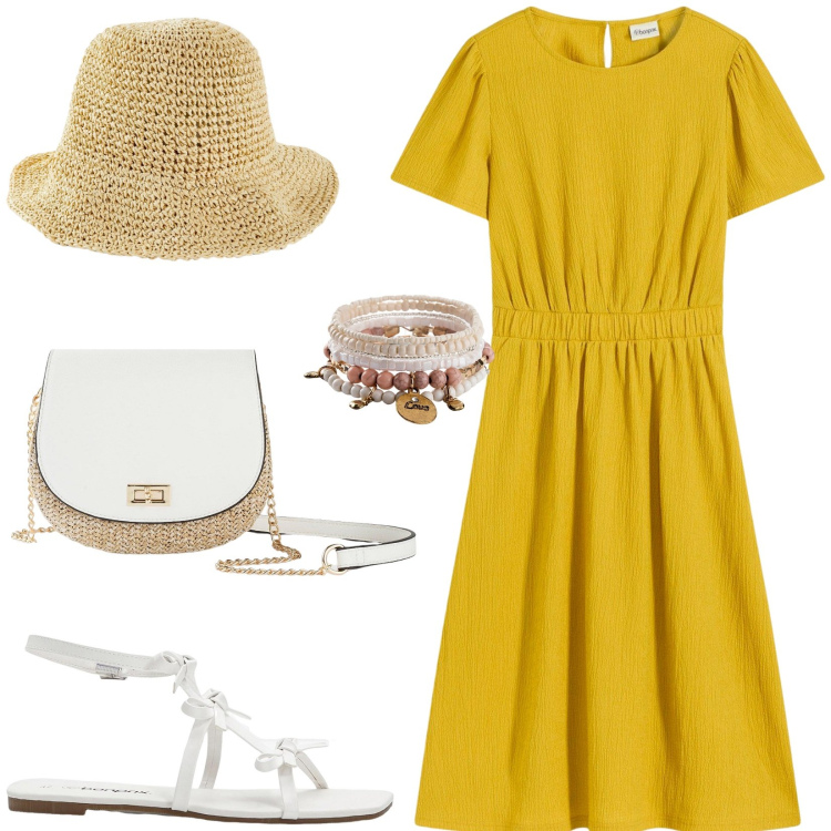 Outfit donna - Paglietta e abitino. Stile Casual per Tutti i giorni. Abbinamento con vestiti, sandali, braccialetti, borse a tracolla, cappelli.