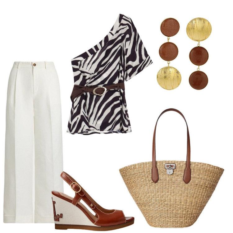 Outfit donna - Summer Outfits. Stile Casual chic per Tutti i giorni. Abbinamento con top, pantaloni, sandali in pelle, borse tote, orecchini.