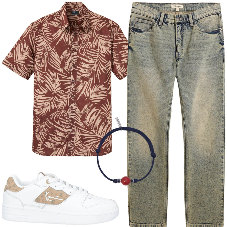 Outfit uomo - Total look #2174643. Stile Casual per Tutti i giorni. Abbinamento con camicie a manica corta, jeans dritti, sneakers, braccialetti.