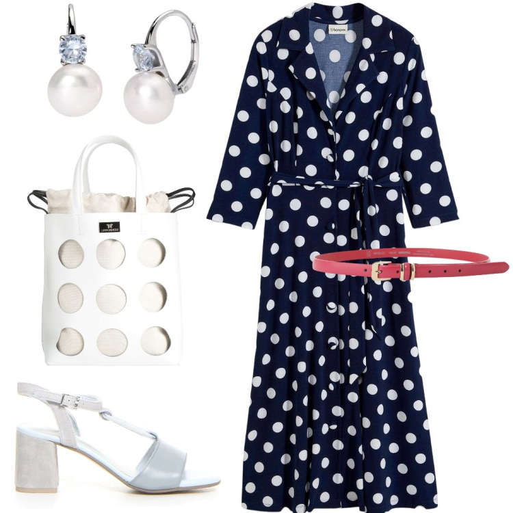 Outfit donna - A pois. Stile Casual chic per Ufficio. Abbinamento con vestiti chemisier, borse a mano, cinture, orecchini, sandali col tacco.