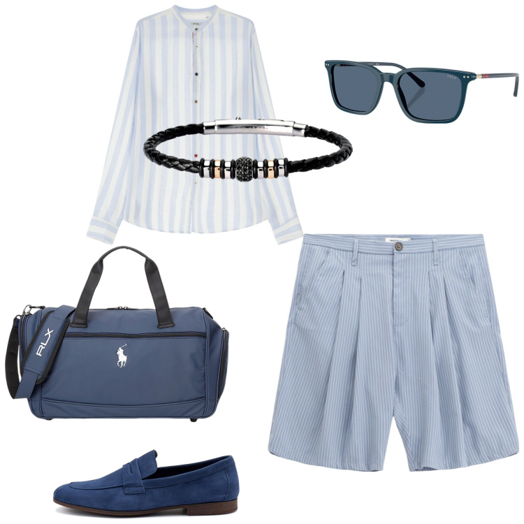 Outfit uomo - Total look #2174647. Abbinamento con braccialetti, bermuda, camicie, occhiali da sole, borse sportive, scarpe stringate.