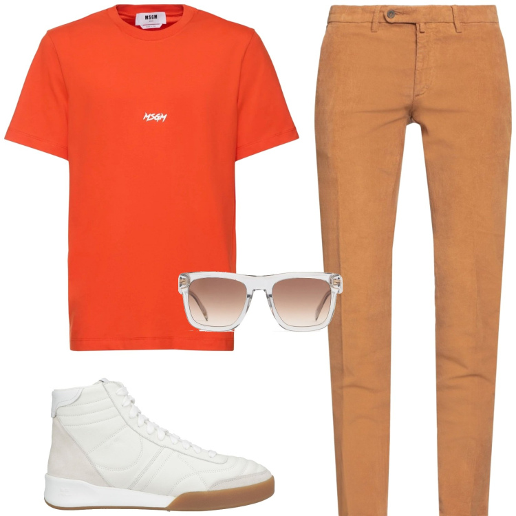Outfit uomo - Total look #2174648. Stile Trendy per Tutti i giorni. Abbinamento con pantaloni chino, sneakers alte, occhiali da sole, t-shirt.
