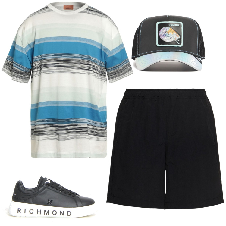 Outfit uomo - Total look #2174650. Stile Casual per Tutti i giorni. Abbinamento con t-shirt, cappelli con visiera, sneakers, shorts.