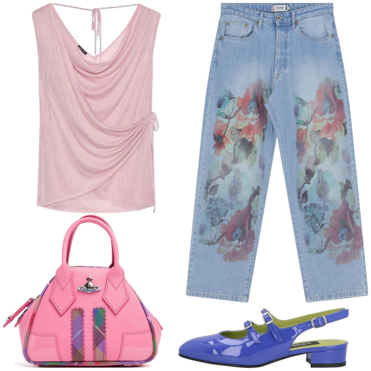 Outfit donna - Jeans a fiori. Stile Casual per Tutti i giorni. Abbinamento con ballerine, jeans dritti, top, borse a mano.